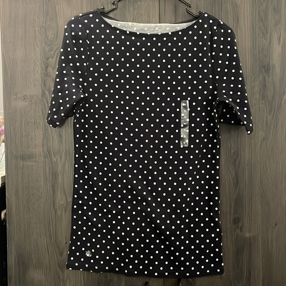 Ralph Lauren Women’s Navy blue Polka dot blouse Size Medium NWT